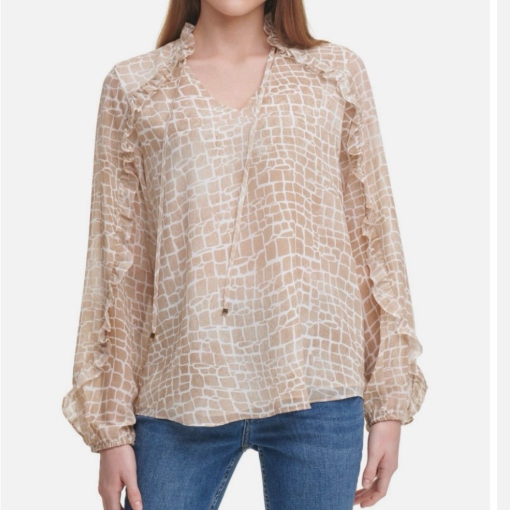 Calvin Klein  Women Ruffle Collar Long Sleeve Allover Print Chiffon Blouse